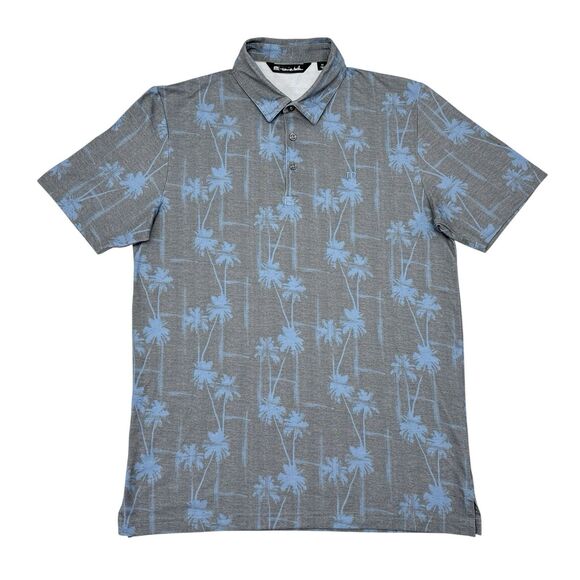 Travis Mathew Polo Shirt Men’s Size Medium Gray Blue Palm Tree Print Resort Golf - Picture 2 of 10